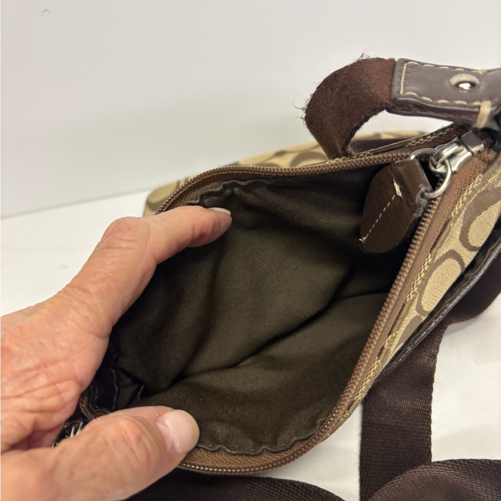 Coach Womens Signature Canvas Crossbody Bag in Khaki Brown Leather Trim - Picture 5 of 10